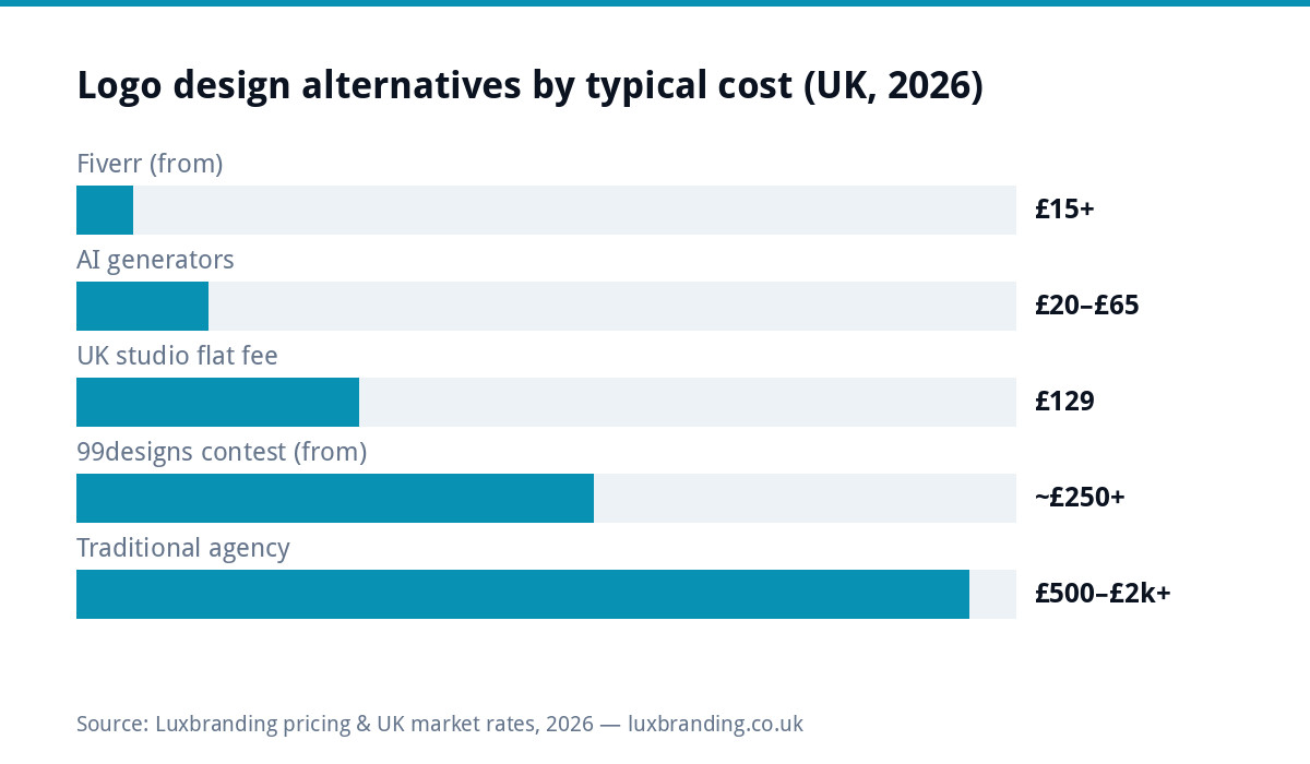 Bar chart comparing UK logo design routes by typical cost in 2026: Fiverr listings from 15 pounds, AI generators 20 to 65 pounds, UK studio flat fee 129 pounds, 99designs contests from around 250 pounds, traditional agencies 500 to over 2000 pounds