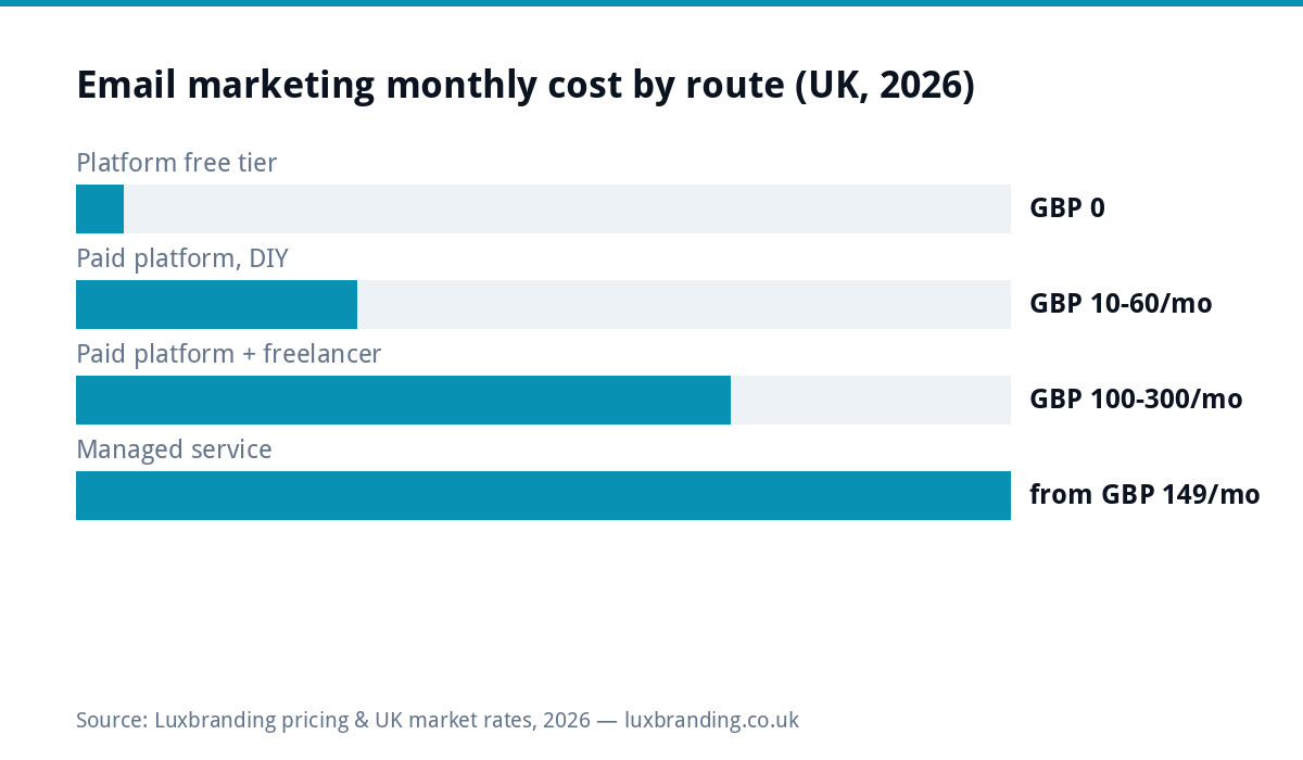 Bar chart of UK email marketing costs in 2026: platform free tiers £0, DIY paid platforms £10–£60 per month, freelancer-supported £100–£300, managed services from £149 per month