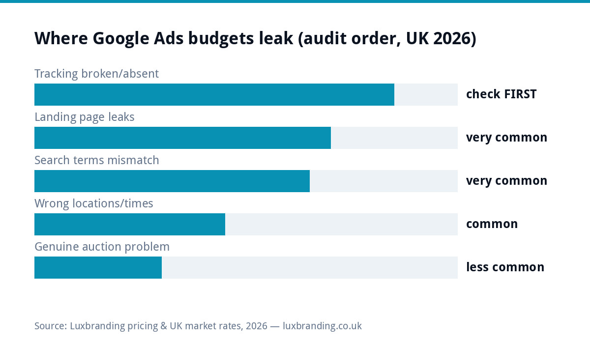 Bar chart of where Google Ads budgets leak for UK small businesses in 2026 in audit order: broken tracking first, landing page leaks very common, search term mismatch very common, wrong locations and times common, genuine auction problems less common