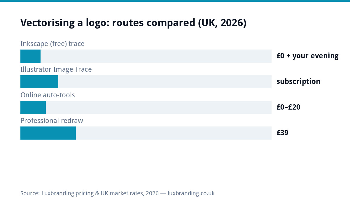 Bar chart of routes to vectorise a logo in the UK 2026: Inkscape free plus your time, Illustrator Image Trace with subscription, online auto tools free to 20 pounds, professional manual redraw 39 pounds
