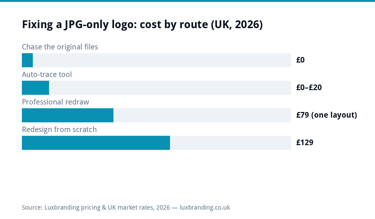 Bar chart of UK costs to fix a JPG-only logo in 2026: chasing original files free, auto-trace tools free to 20 pounds, professional vector redraw 79 pounds for one layout, full redesign 129 pounds