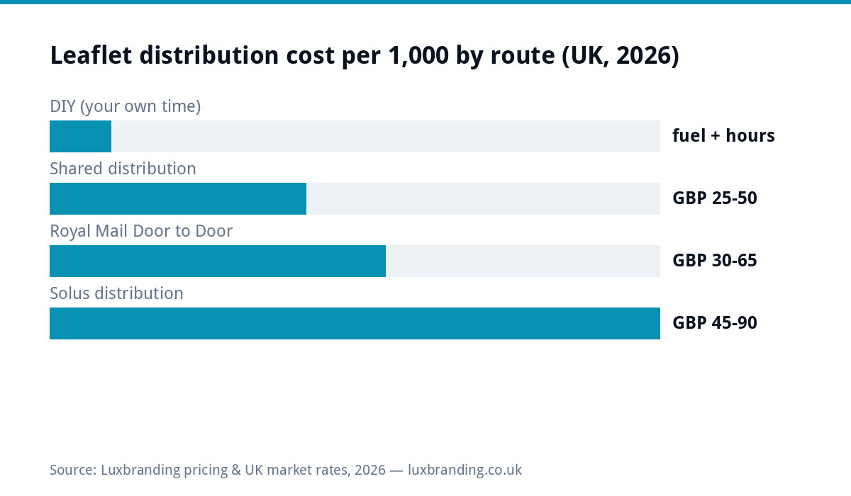 Bar chart comparing UK leaflet distribution costs per 1,000 in 2026: DIY near-free but slow, shared drops £25–£50, Royal Mail door-to-door £30–£65, solus distribution £45–£90