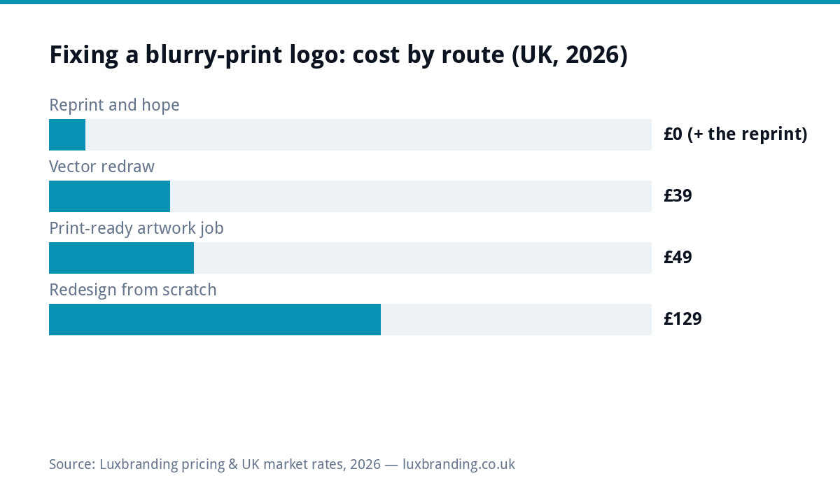 Bar chart of UK costs to fix a logo that prints blurry in 2026: reprinting unchanged risks the same result, vector redraw 39 pounds, print-ready artwork setup 49 pounds, full redesign 129 pounds