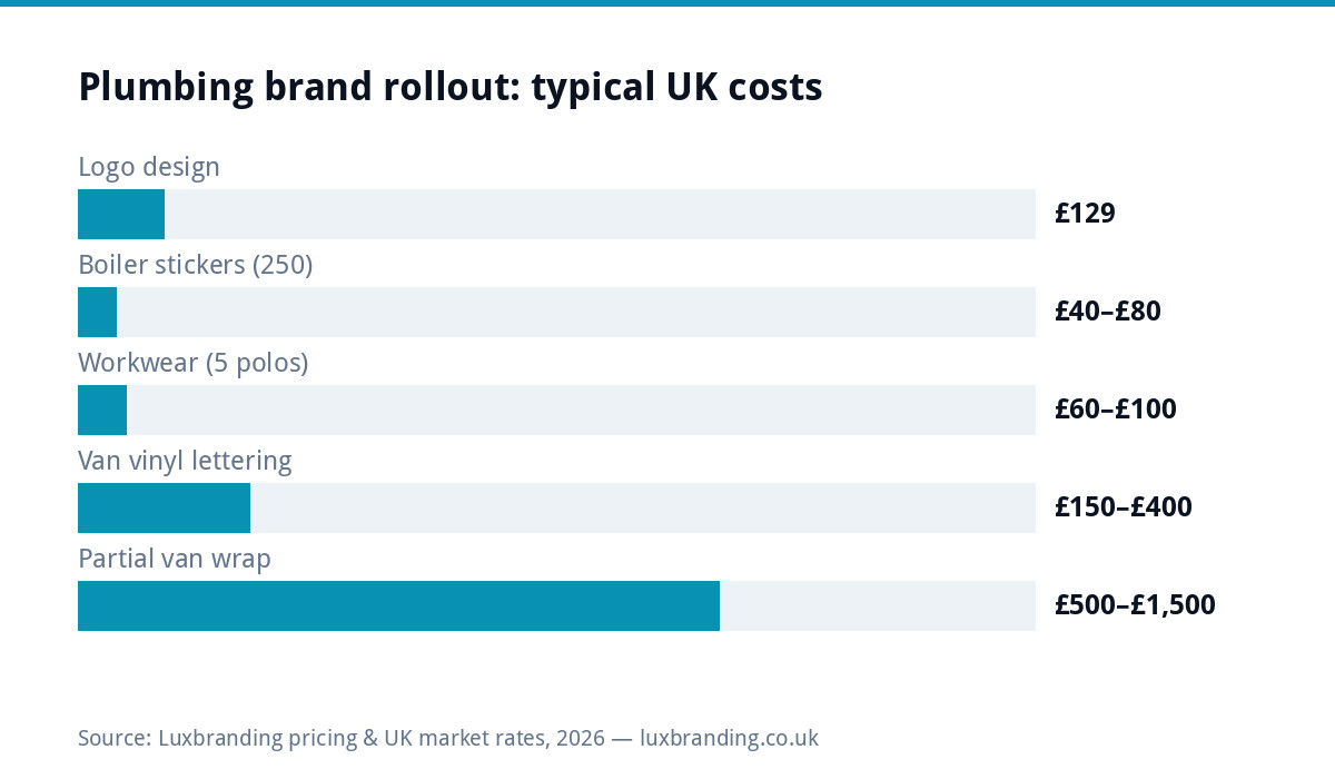 Bar chart of typical UK costs to roll out a plumbing brand: logo design £129, 250 boiler stickers £40 to £80, five embroidered polos £60 to £100, van vinyl lettering £150 to £400, partial van wrap £500 to £1,500