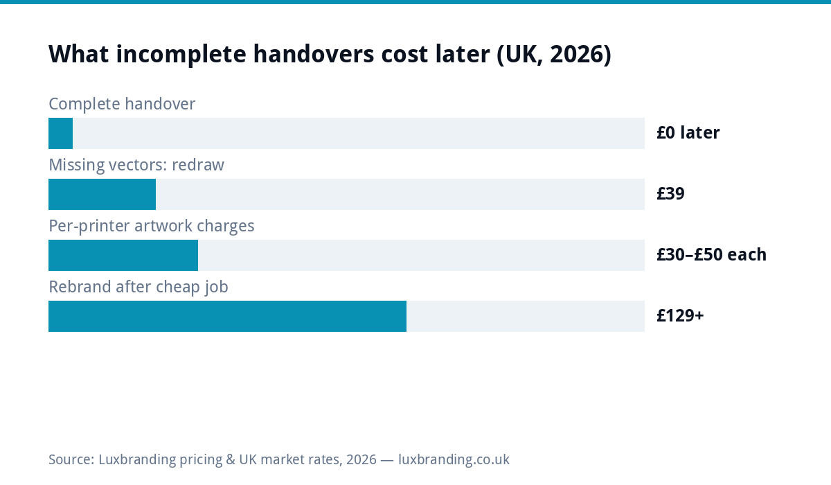 Bar chart of what incomplete logo handovers cost UK businesses later in 2026: a complete handover costs nothing later, missing vectors mean a 39 pound redraw, per-printer artwork charges run 30 to 50 pounds each time, a rebrand after a cheap job starts at 129 pounds