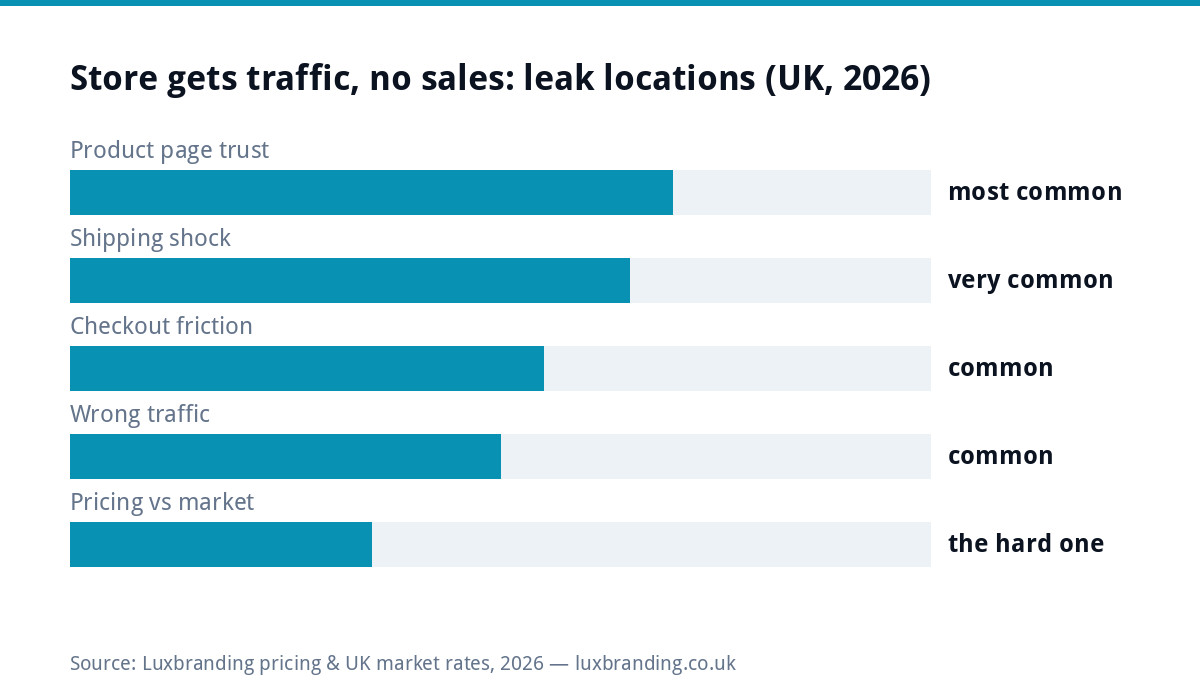 Bar chart of why online stores get traffic but no sales in the UK 2026: product page trust most common, shipping cost shock very common, checkout friction common, wrong traffic common, pricing versus market the hard conversation
