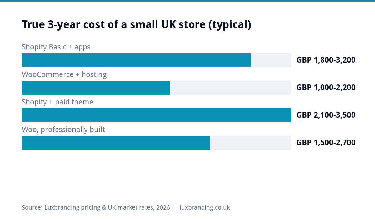 Bar chart comparing 3-year total costs of Shopify and WooCommerce stores for UK small businesses in 2026