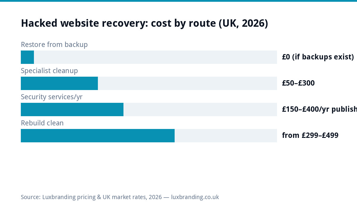 Bar chart of UK hacked website recovery costs in 2026: backup restore free if backups exist, specialist cleanup 50 to 300 pounds, security services 150 to 400 pounds a year published, clean rebuilds from 299 to 499 pounds