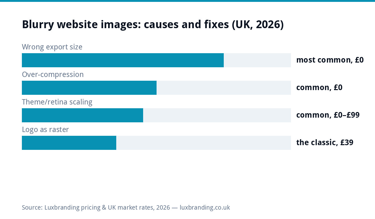 Bar chart of blurry website image causes in the UK 2026: wrong export size most common and free to fix, over-compression common and free, theme retina scaling issues up to 99 pounds, raster logo the classic 39 pound fix
