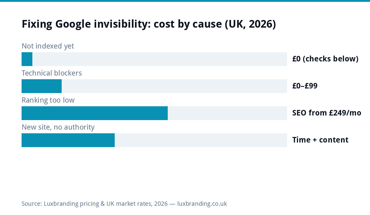 Bar chart of what fixing a website not showing on Google costs in the UK 2026: indexing checks free, technical blockers up to 99 pounds, ranking work from 249 pounds monthly SEO, new site authority takes time and content