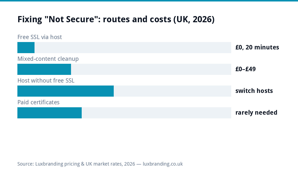 Bar chart of routes to fix a website showing not secure in the UK 2026: free SSL from your host takes 20 minutes, mixed content cleanup free to 49 pounds, hosts without free SSL are worth leaving, paid certificates rarely needed for small business
