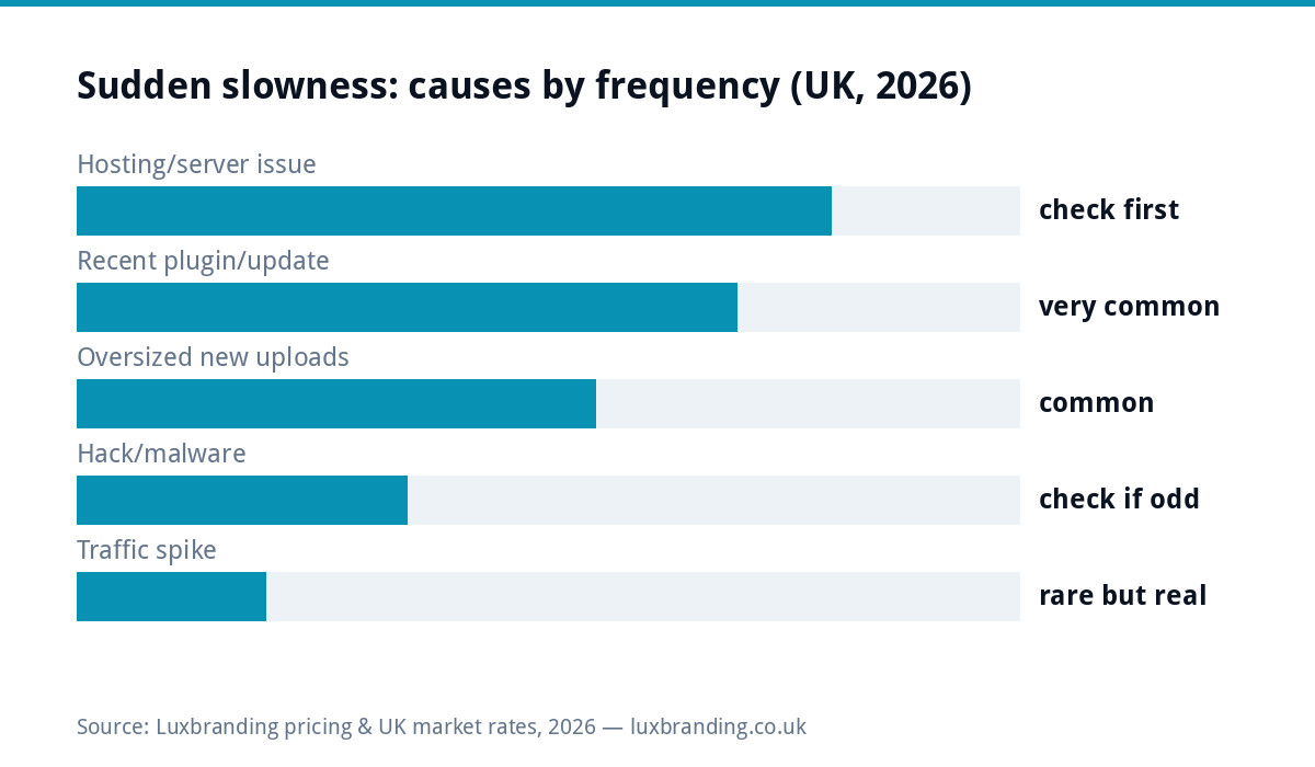Bar chart of causes when a UK website suddenly slows in 2026 by frequency: hosting issues first, recent plugin updates very common, oversized new uploads common, malware worth checking, traffic spikes rare