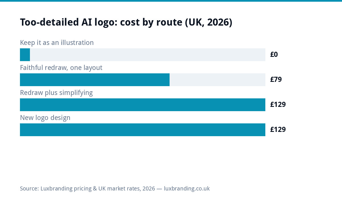 Bar chart of the cost of each route for an AI logo that is too detailed, from £0 to £129