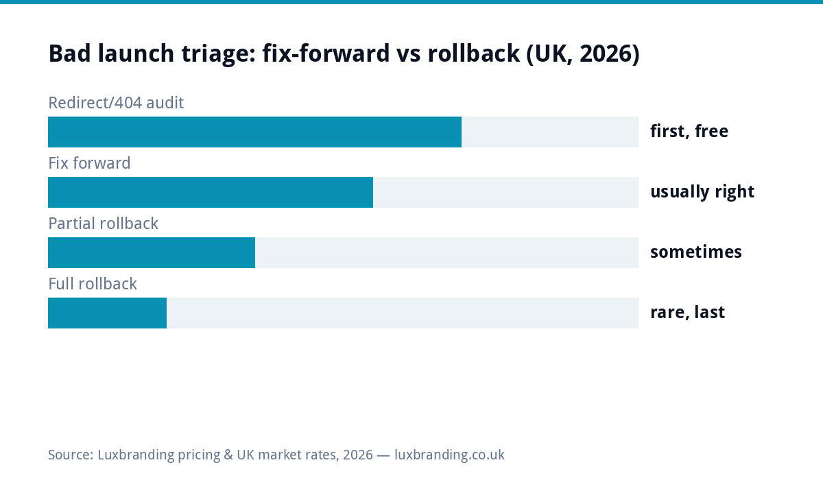Bar chart of bad website launch triage in the UK 2026: redirect and 404 audit first and free, fixing forward usually right, partial rollback sometimes, full rollback rare and last