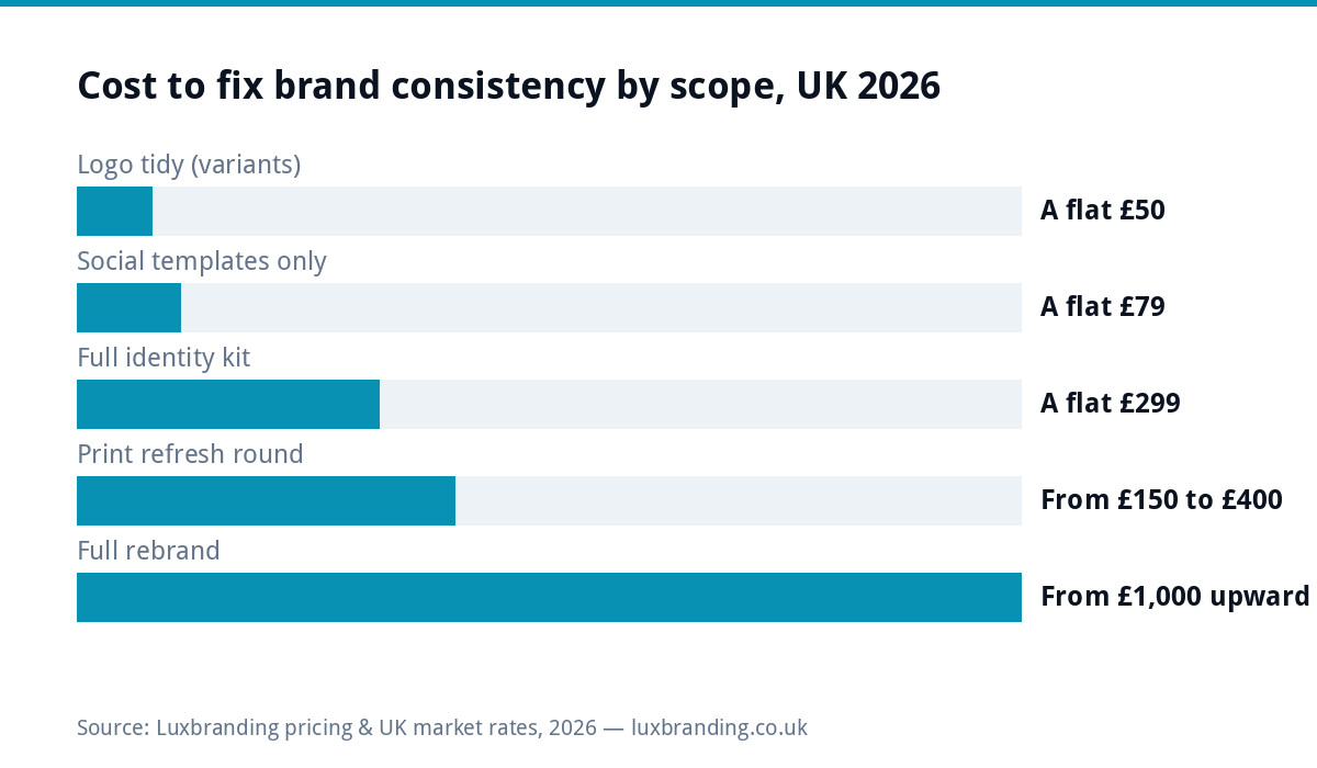 Bar chart of UK brand consistency fix costs from a £50 logo tidy to a £1,000+ full rebrand