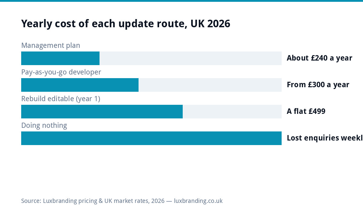 Bar chart comparing yearly costs of website update routes from a £240 management plan to the cost of doing nothing