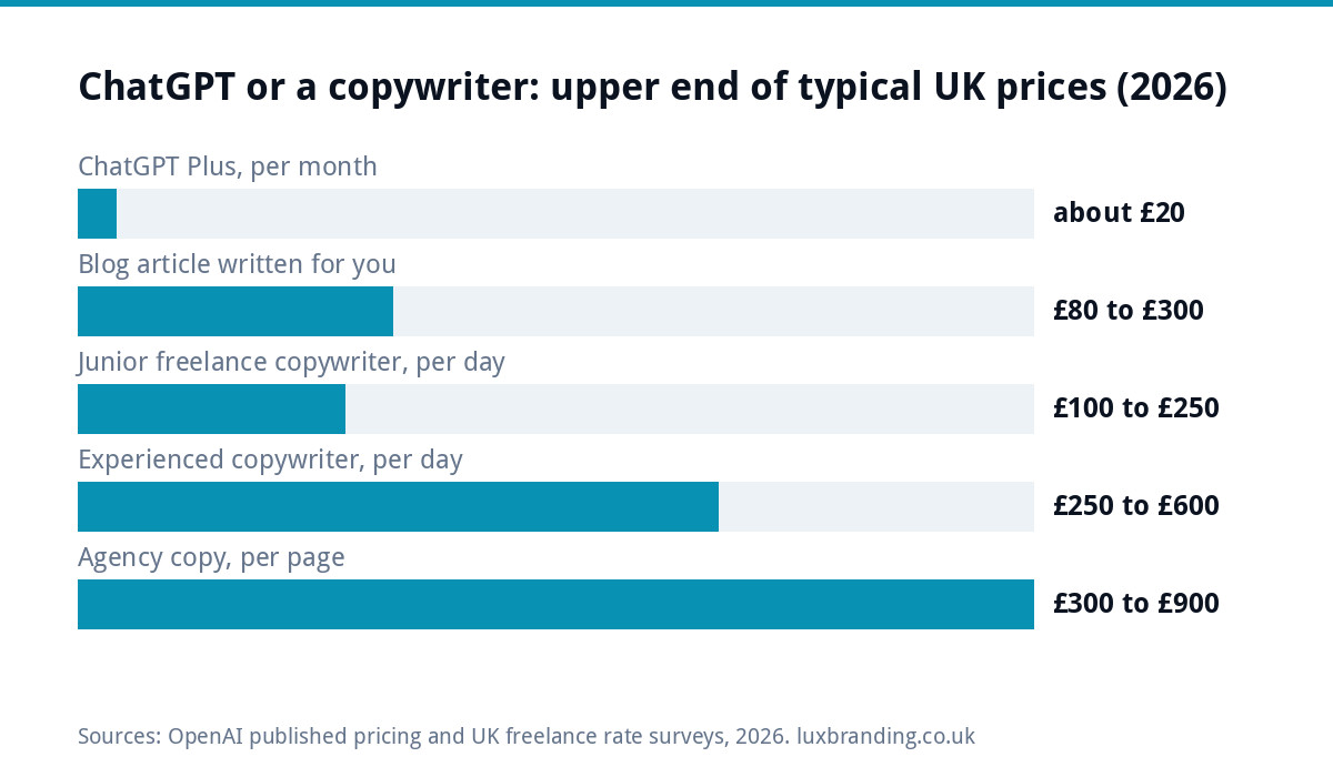Bar chart of typical UK prices in 2026: ChatGPT Plus about £20 a month, blog article £80 to £300, junior copywriter £100 to £250 a day, experienced £250 to £600 a day, agency page £300 to £900