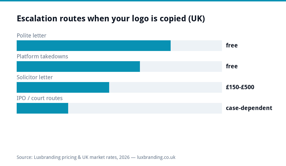 Bar chart of escalation routes when a competitor copies your logo in the UK: polite letter free and resolves most cases, platform takedowns free, solicitor letter 150 to 500 pounds, IPO and court routes case dependent