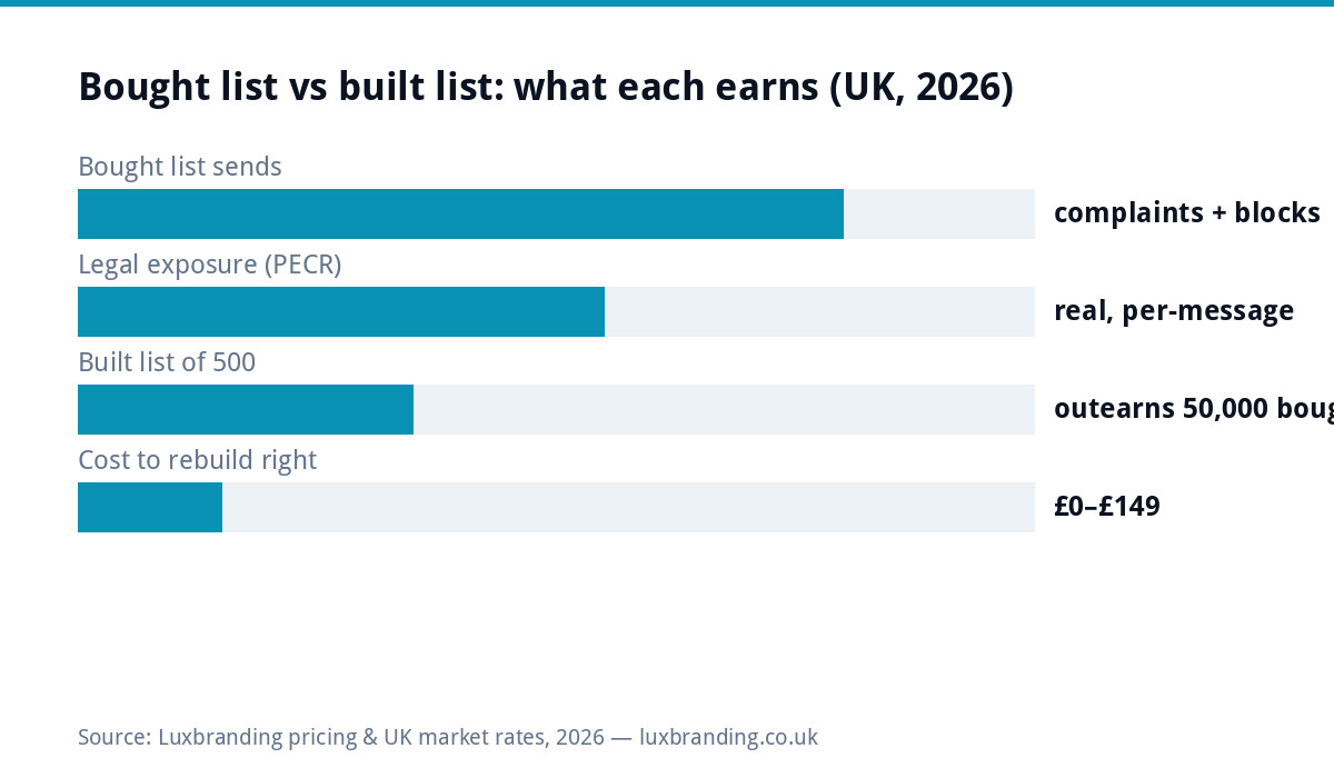 Bar chart comparing bought versus built email lists for UK businesses in 2026: bought list sends earn complaints and blocks, PECR legal exposure is real, a built list of five hundred outearns fifty thousand bought addresses, rebuilding properly costs up to 149 pounds