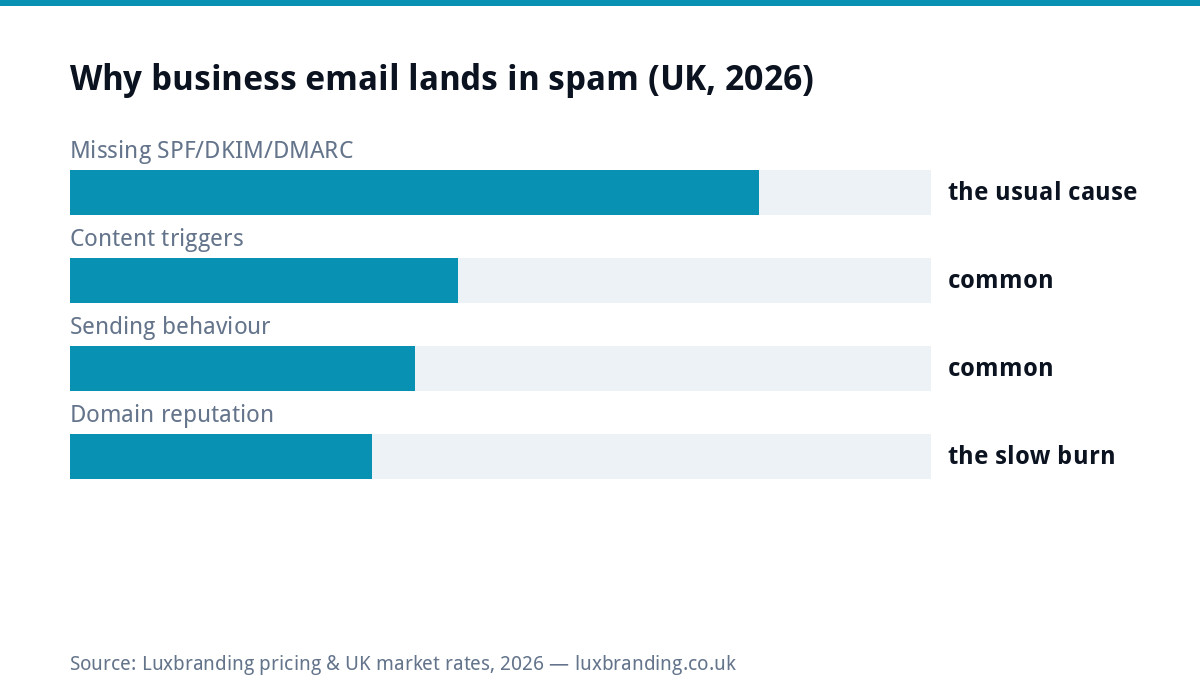 Bar chart of why UK business emails land in spam in 2026: missing SPF DKIM and DMARC authentication is the usual cause, content triggers common, sending behaviour common, damaged domain reputation the slow burn