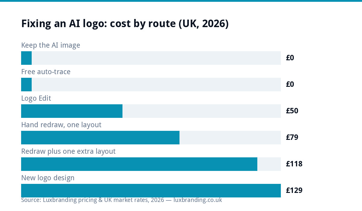 Bar chart of the cost of each way to fix an AI logo, from free tracing to £79 for a hand redraw and £129 for a new design