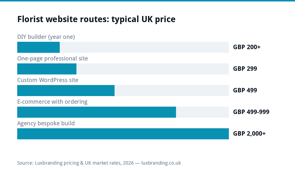 Bar chart comparing typical UK florist website costs by route, from DIY builders to bespoke agency builds