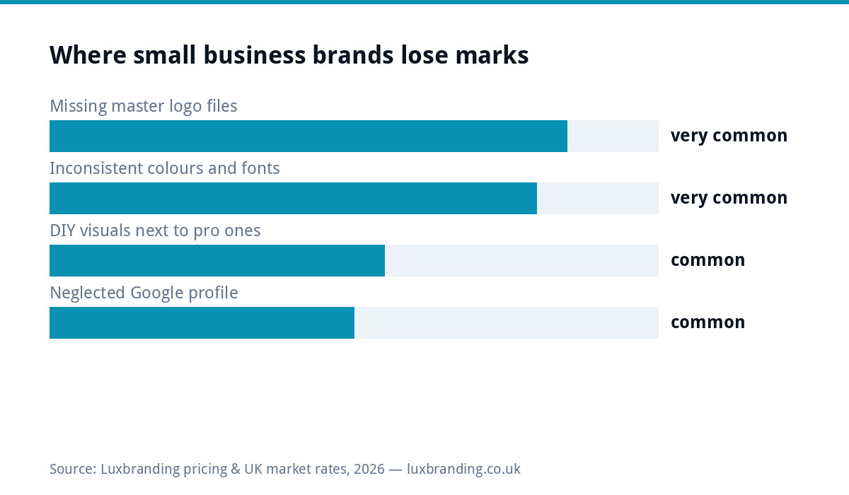 Bar chart showing where small business brands most often lose marks in a brand audit, led by missing master logo files and inconsistent colours and fonts