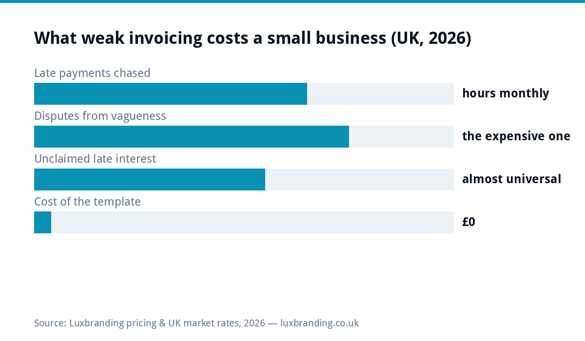 Bar chart of what weak invoicing costs UK small businesses in 2026: hours monthly chasing late payments, expensive disputes from vague invoices, late payment interest almost never claimed, and the template costs nothing