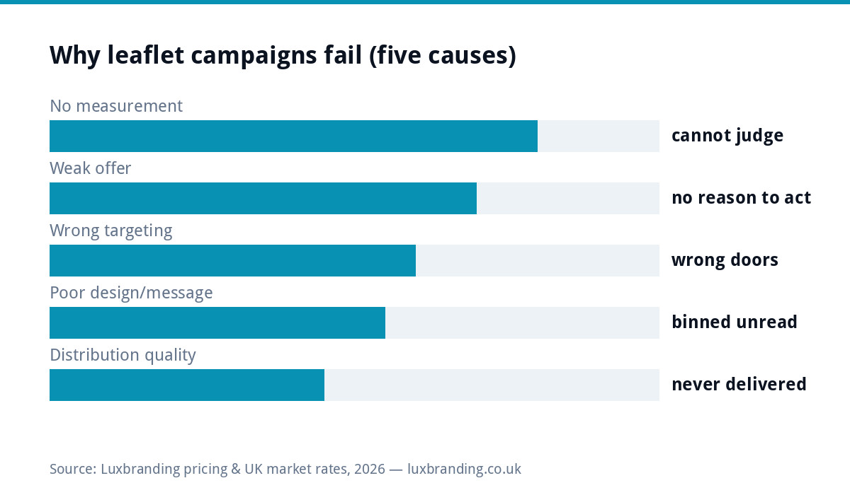 Bar chart of the five reasons leaflet campaigns fail: no measurement so results cannot be judged, weak offer with no reason to act, wrong targeting at wrong doors, poor design binned unread, and distribution quality meaning leaflets were never delivered