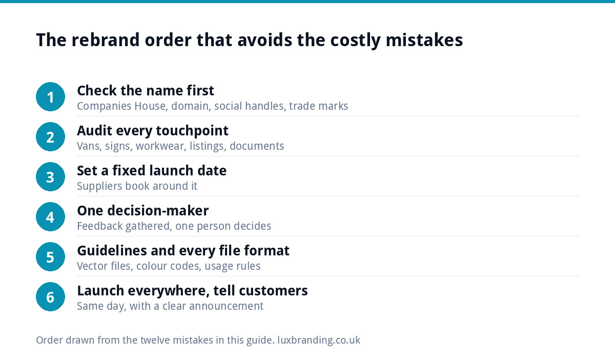 Numbered graphic of the rebrand order that avoids common mistakes, from checking the name first to launching everywhere on one day