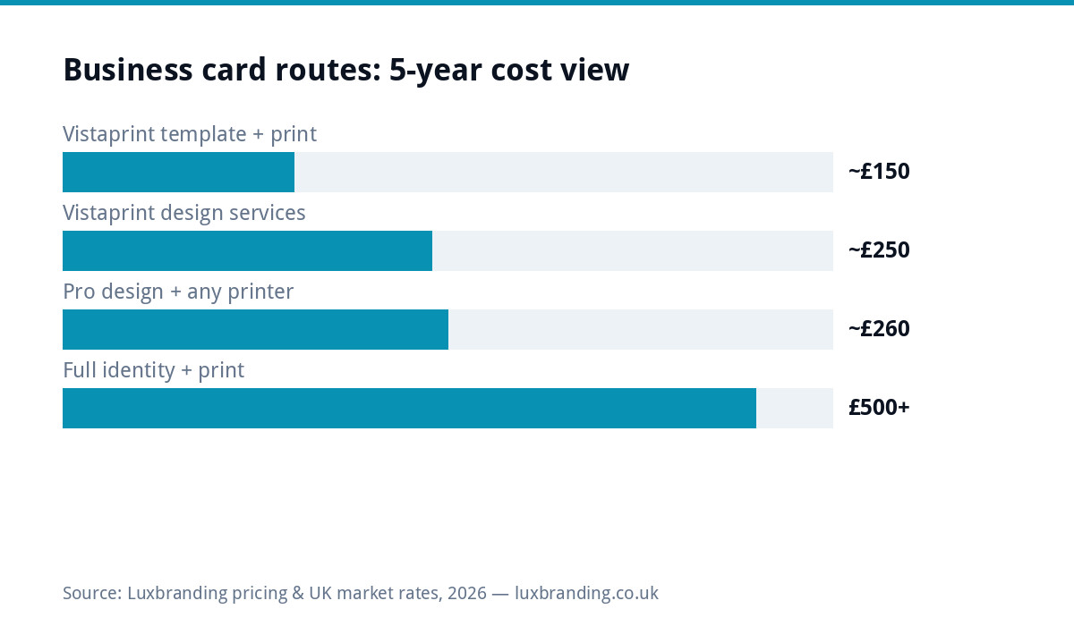 Bar chart comparing five-year costs of business card routes, from roughly £150 using Vistaprint templates to £500 plus for a full brand identity with professional printing