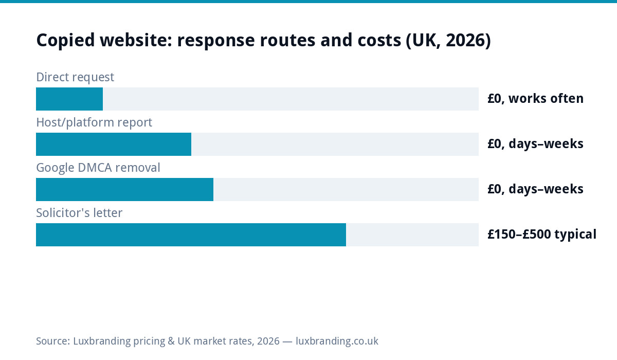 Bar chart of response routes when a competitor copies your website in the UK 2026: direct request free and often works, host and platform reports free taking days to weeks, Google DMCA removal free, solicitor letters 150 to 500 pounds at typical published rates