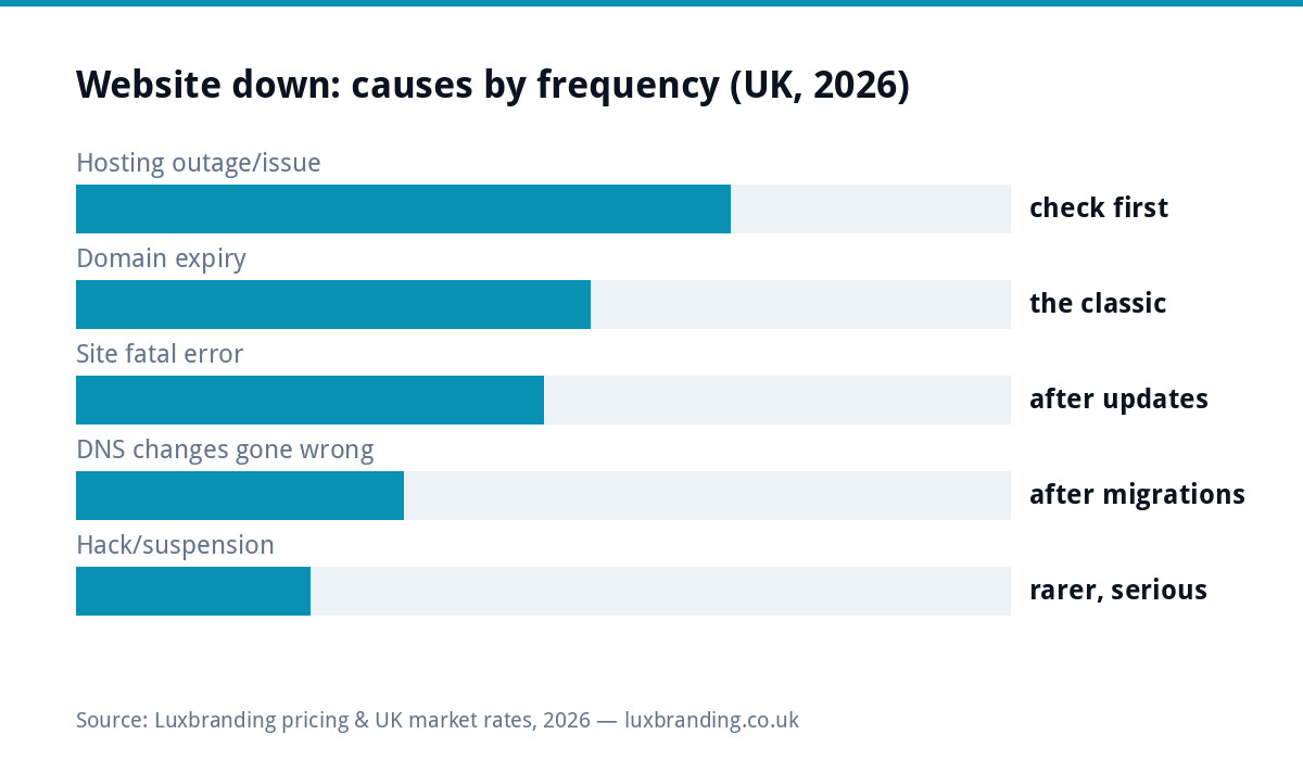 Bar chart of website down causes for UK small businesses in 2026 by frequency: hosting outages first, domain expiry the classic, site fatal errors after updates, DNS changes after migrations, hacks and suspensions rarer but serious